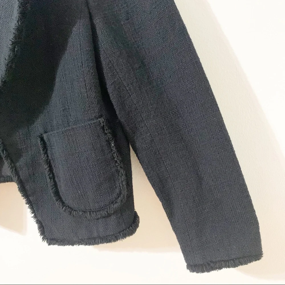 Ann Taylor Cotton Blend Open Front Long Sleeve Crop Waist Blazer Raw Hem Detail